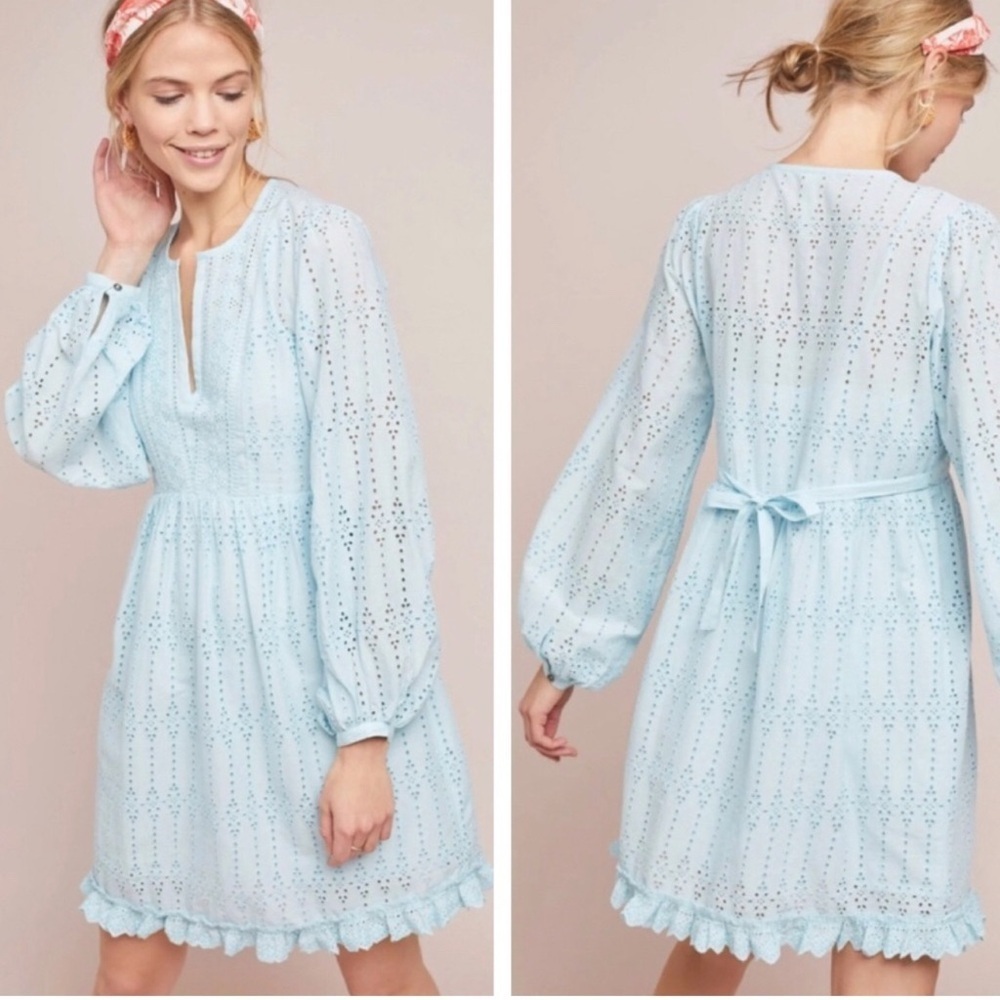 Anthropologie Light Blue Eyelet Long Sleeve Mini Dress Size 6